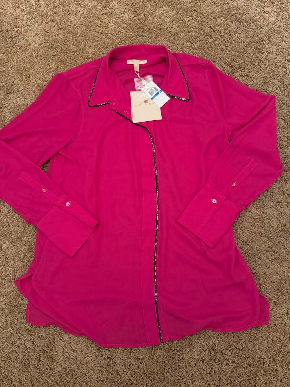 Adrienne Landau Quartz Fuchsia Pink Long Sleeve Blouse with Chain Trim XL